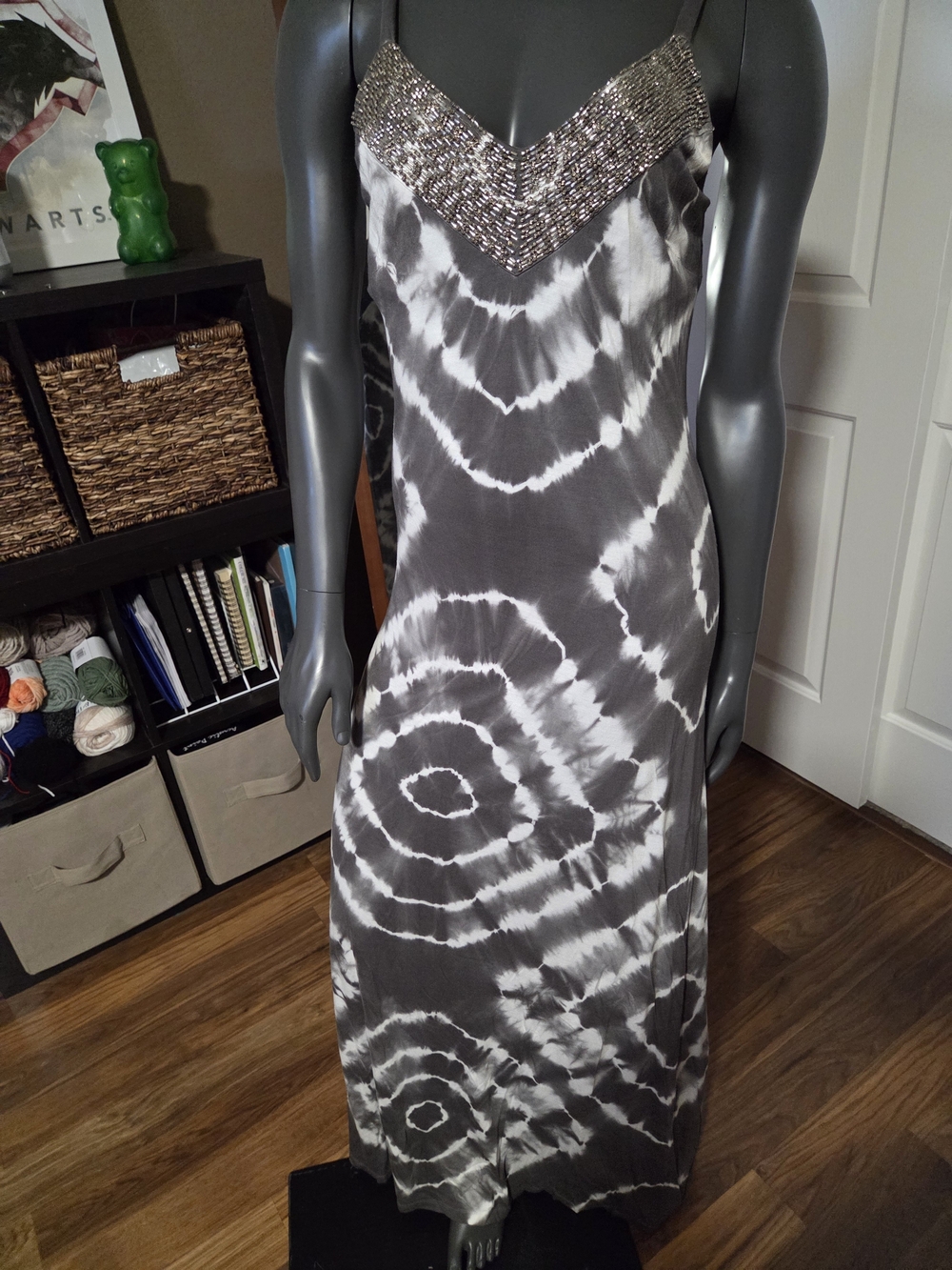 INC International Concepts Beaded V-Neck Tie-Dye Maxi Dress - Green & White